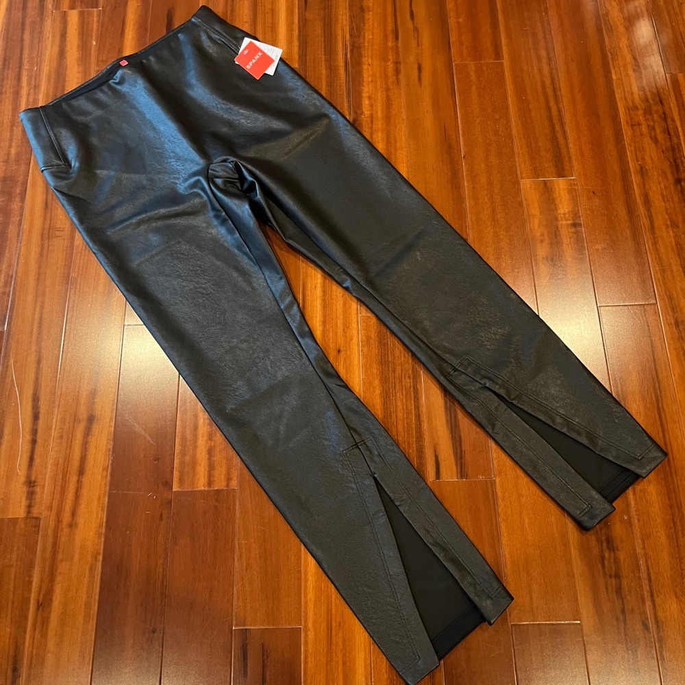 SPANX Black Leather Pants Faux Front Slit Pull On Leather-Like Luxe New‎ Size XL